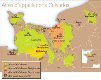 Carte des aires d'appellations du Calvados AOC